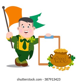 A man with the flag of Ireland, a tablet and a pot of gold. The festive character in cartoon style. Congratulations to the St. Patrick's Day.