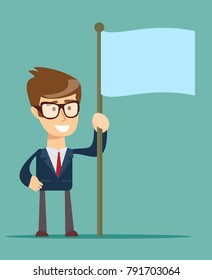 Man with flag isolated on white. Stock flat vector illustration.