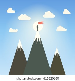 A man with a flag on a mountain with a glacier is like a pedestal of a winner. Winner under the sky and the sun with clouds. Vector color illustration.