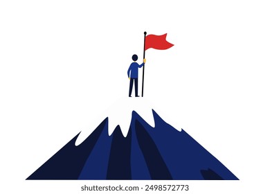 Man with Flag on Mountain Peak