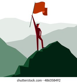 Man with flag on a Mountain peak, Business success concept