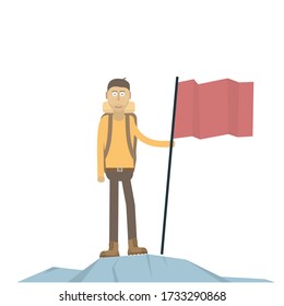 A man with a flag on top of a mountain. Achievement, vector illustration