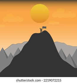 Man with flag on the top of mountain successful concept,Man victory on the mountain vector