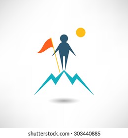 Man with flag on top of the mountain icon