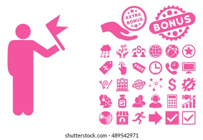 Man With Flag pictograph with bonus icon set. Vector illustration style is flat iconic symbols, pink color, white background.
