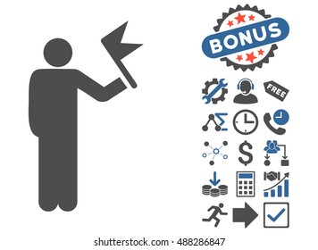 Man With Flag pictograph with bonus images. Vector illustration style is flat iconic bicolor symbols, cobalt and gray colors, white background.