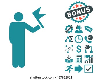 Man With Flag pictograph with bonus symbols. Vector illustration style is flat iconic bicolor symbols, soft blue colors, white background.