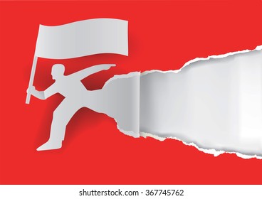 Man with flag ripping paper background.
Paper man silhouette  with flag ripping paper with place for your text or image. Template for a original advertisement. Vector available.
