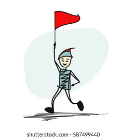 Man with flag running. Cartoon Hand Drawn Sketch Vector illustration.