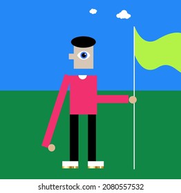 man with flag stand outside alone holding yellow flag
