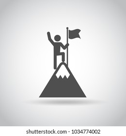 Man with Flag standind on the top of Mountain. Icon. Success concept