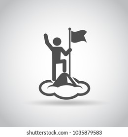 Man with Flag standing on the top of Mountain. Icon. Success concept