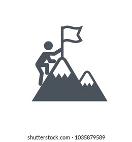 Man with Flag standing on the top of Mountain. Icon. Success concept