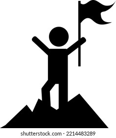 Man with Flag standing on the top of Mountain icon, logo isolated on white background. Climbing to the top.eps
