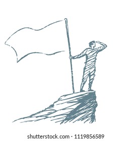 A man with a flag stands on top of a mountain and looks out into the distance. Vector business concept illustration, hand drawn sketch.