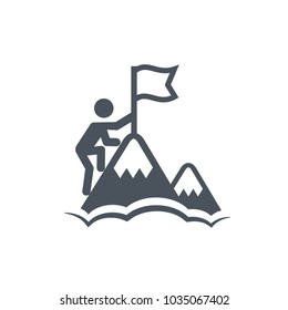 Man with Flag stendind on the top of Mountain. Icon. Success concept