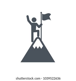 Man with Flag stendind on the top of Mountain. Icon. Success concept