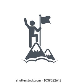 Man with Flag stendind on the top of Mountain. Icon. Success concept