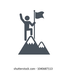 Man with Flag stendind on the top of Mountain. Icon. Success concept