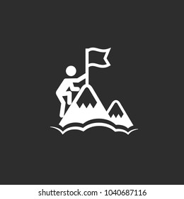 Man with Flag stendind on the top of Mountain. Icon. Success concept
