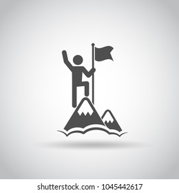 Man with Flag stendind on the top of Mountain. Icon. Success concept