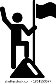 Man with Flag stendind on the top of Mountain. Icon. Success concept icon vector