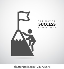 Man with Flag stendind on the top of Mountain. Icon