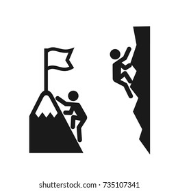 Man with Flag stendind on the top of Mountain. Icon