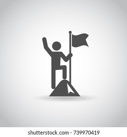 Man with Flag stendind on the top of Mountain. Icon. Success concept