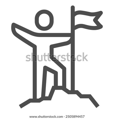 Man with flag stendind on top of mountain. Icon. Concept of success