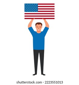 Man with flag USA.Joyful guy cartoon character isolated on white background vector flat illustration.Symbol United States of America
