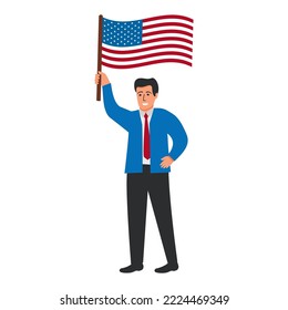 Man with flag USA.Joyful guy cartoon character isolated on white background vector flat illustration.Symbol United States of America