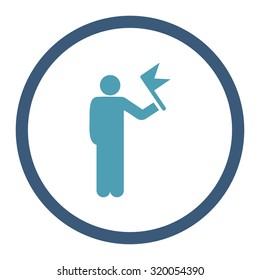 Man with Flag vector icon. This rounded flat symbol is drawn with cyan and blue colors on a white background.