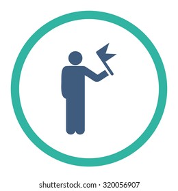 Man with Flag vector icon. This rounded flat symbol is drawn with cobalt and cyan colors on a white background.