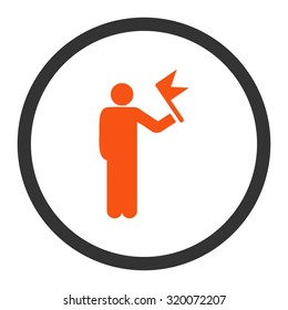 Man with Flag vector icon. This rounded flat symbol is drawn with orange and gray colors on a white background.