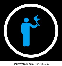 Man with Flag vector icon. This rounded flat symbol is drawn with blue and white colors on a black background.