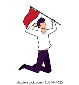 man with flag waving on a stick on white background vector illustration design
