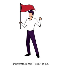 man with flag waving on a stick on white background vector illustration design
