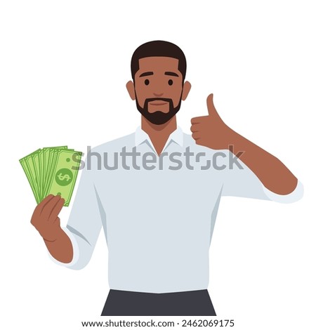 Man Flashing a Thumbs Up While Holding Dollar Bills. Flat vector illustration isolated on white background