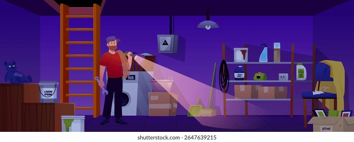Man with flashlight in dark basement room interior. Cartoon storage home cellar with wooden stairs, cleaning tools, washing machine, old furniture and shelves with stuff. Vector flat illustration