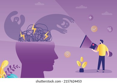 Man with flashlight discovers hidden fears. Male character looks fear in face. Person successfully overcome phobias. Guy shines at big head or mind. Fighting fears concept. Flat vector illustration - Shutterstock ID 2157624453