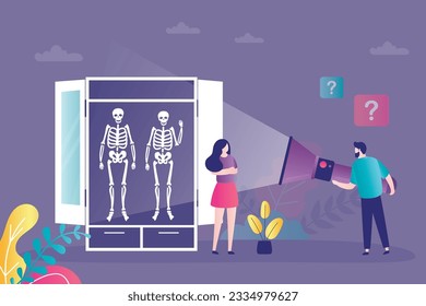 Man with flashlight discovers hidden fears of girlfriend. Skeletons in wardrobe. Metaphoric idiom. Human fears and experiences, secrets. Difficulty family relations. flat vector illustration