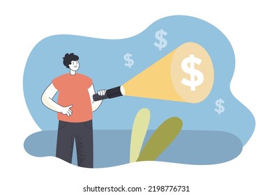 Man with flashlight looking for money direction, profit. Person finding hidden income flat vector illustration. Business growth, opportunity concept for banner, website design or landing web page