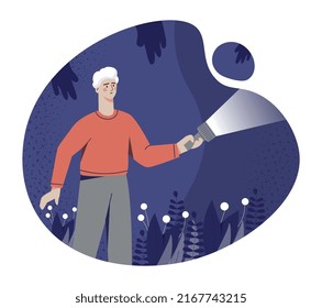 Man With Flashlight. Metaphor Of Fears, Phobia Of Darkness. Explorer In Dark Room Or Cave. Mental And Mental Disorder, Paranoia And Schizophrenia, Scared Guy. Cartoon Flat Vector Illustration