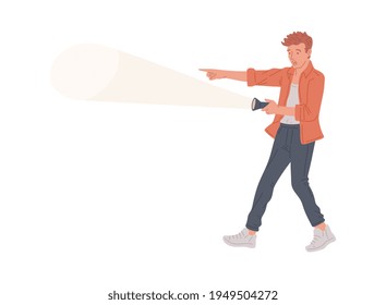 Man with a flashlight pointing the way, flat vector illustration isolated.