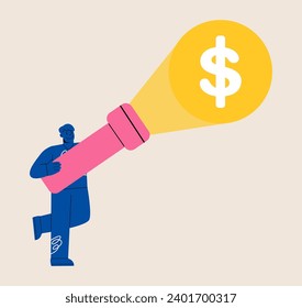 Man with flashlight shines on the dollar icon. Concept financial search. Colorful vector illustration
