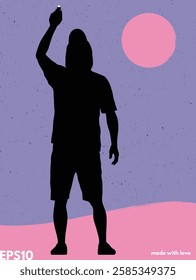 Man with flashlight silhouette. Vector abstract textured background