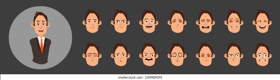 man flat avatars emotions set with smiling face.Mouth expression set for animation. Lip sync collection for character animation
