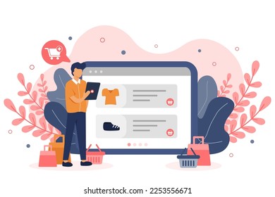 A man flat holding tablet for online shopping. Man worker flat vector illustration. 