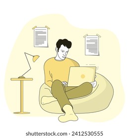 A man in a flat style sits on a soft chair with a laptop in his hands. The guy is working at the computer. Documents and a table lamp on the table. Freelancing, studying from home, remote work, Intern